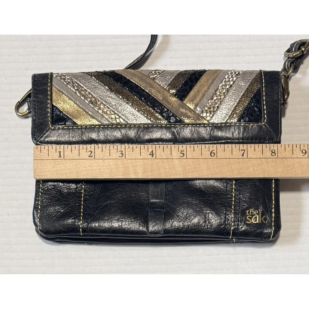 THE SAK Black Leather Crossbody‎ Evening Bag Purse Gold Metallic Snakeskin